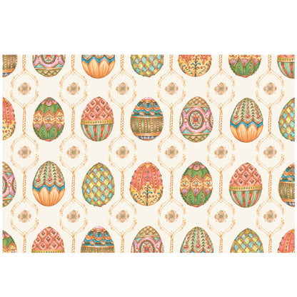 An evenly-spaced illustrated pattern of elaborate Fabergé eggs between floral accents, in pink, green, teal and orange on a white background.