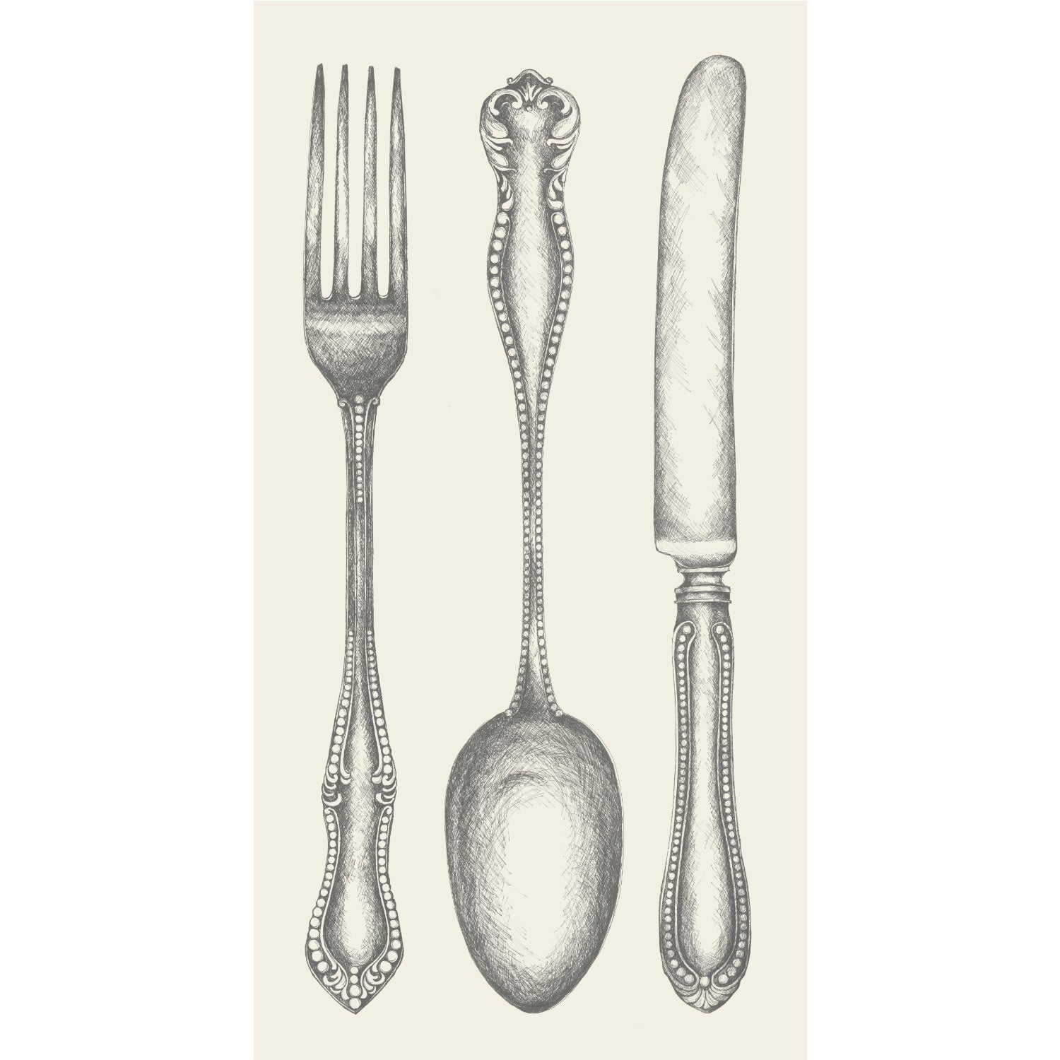 A black and white drawing of a fork, knife and spoon, perfect for a Hester &amp; Cook Classic Cutlery Napkins-themed party or elegant table setting.