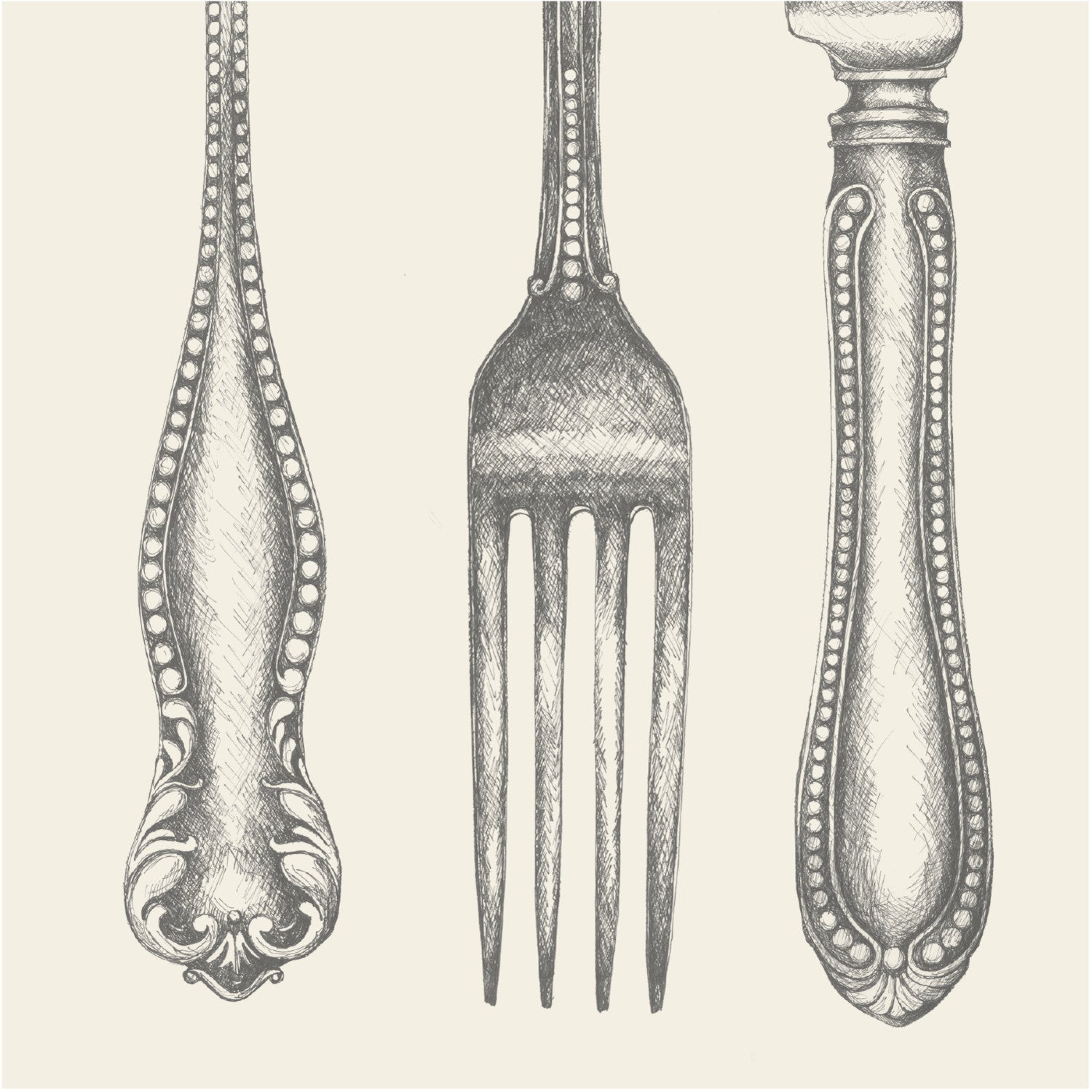 A Classic Cutlery Napkins table setting featuring a drawing of a fork, knife, and spoon alongside napkins, perfect for a party. (Brand Name: Hester &amp; Cook)