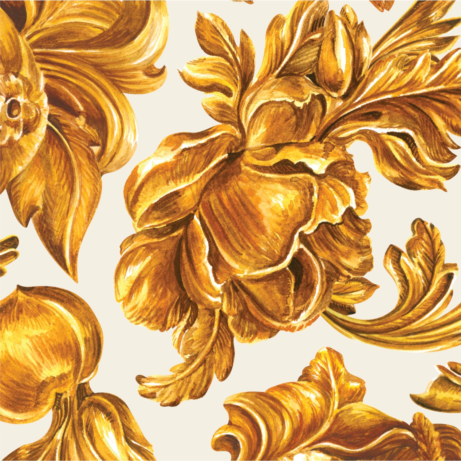 A Gold Flora Napkin by Hester &amp; Cook, with a gold floral design on a white background, perfect for table settings at parties.