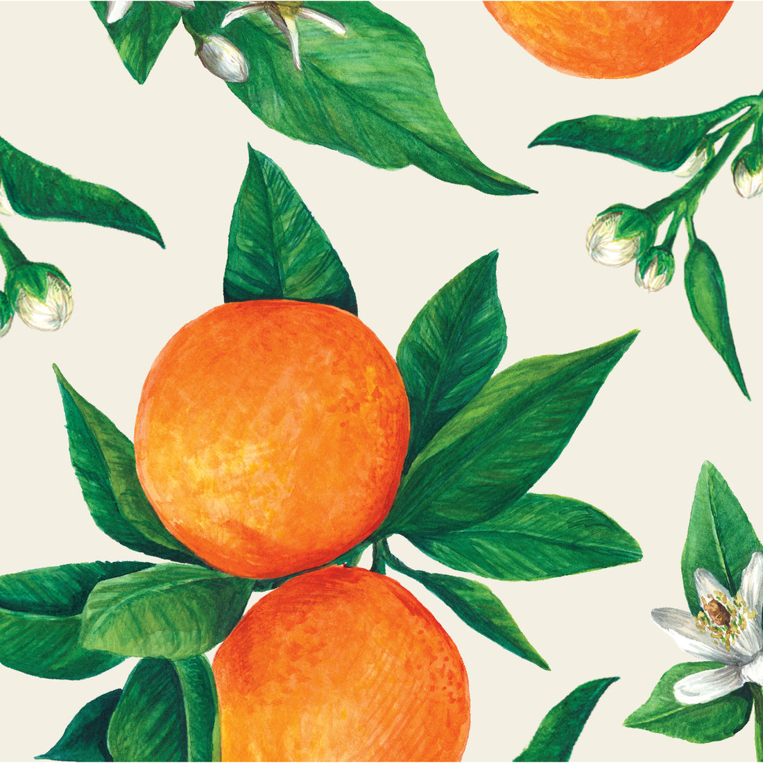A seamless pattern with Orange Orchard Napkins and flowers, featuring a vibrant orange color palette and delicate floral motifs, by Hester &amp; Cook.