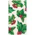 A rectangle, white guest napkin featuring a scatter of painterly green holly leaves with red berries.
