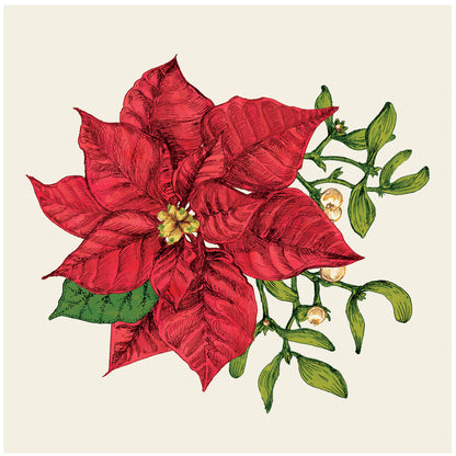 A festive Poinsettia Napkin featuring a red flower with green leaves. Made in Germany. Produced by Hester &amp; Cook.