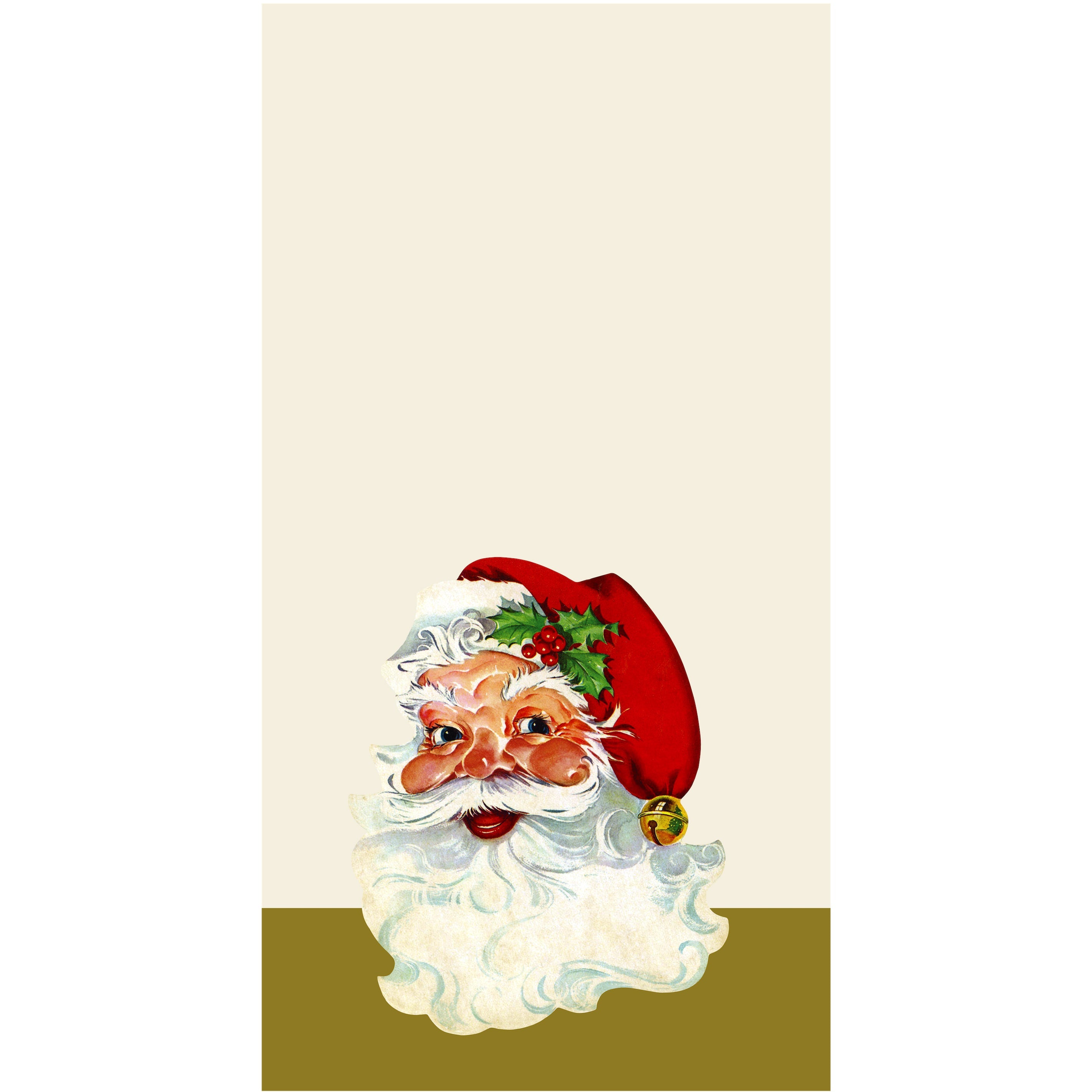 A rectangle, cream guest napkin with gold along the bottom edge, featuring a vintage-style illustration of Santa Clause&