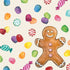 A square, cream cocktail napkin featuring a happy brown gingerbread man in the lower right corner, surrounded by colorful gumdrops and hard candies.