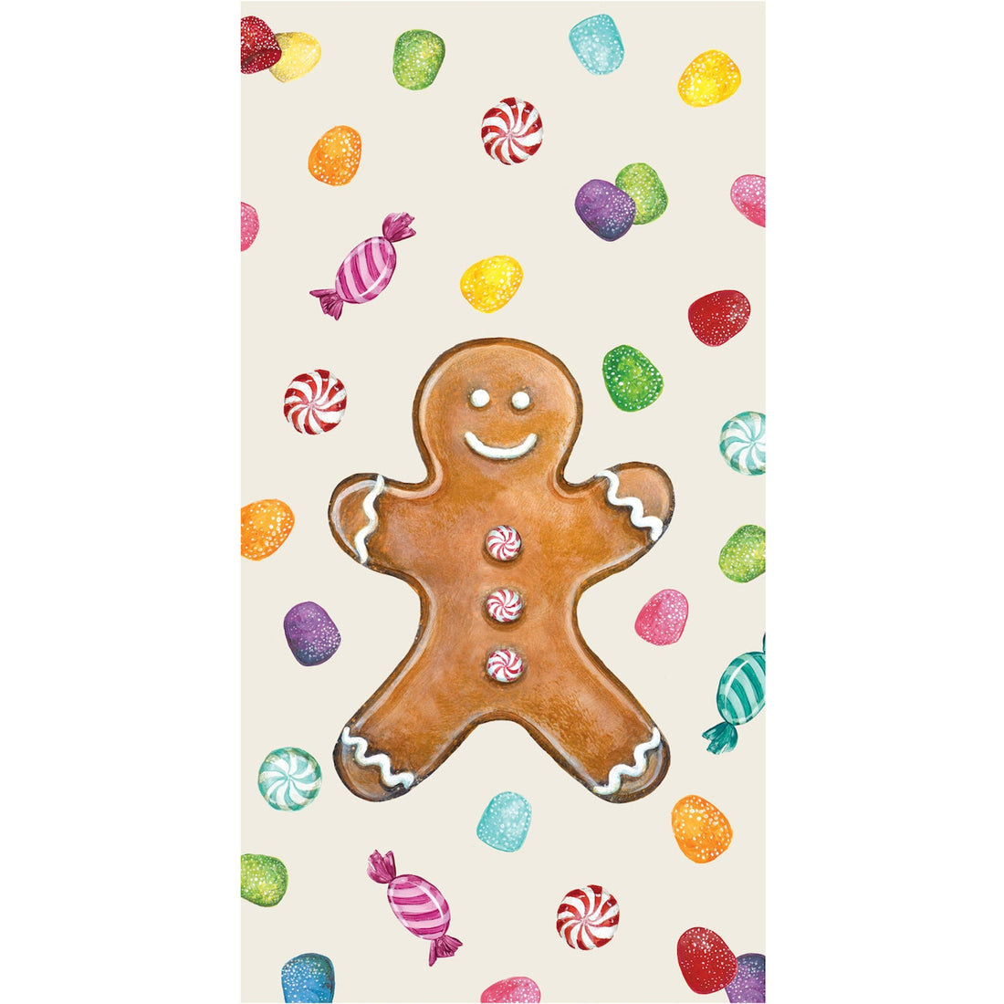 A square, cream cocktail napkin featuring a happy brown gingerbread man surrounded by colorful gumdrops and hard candies.