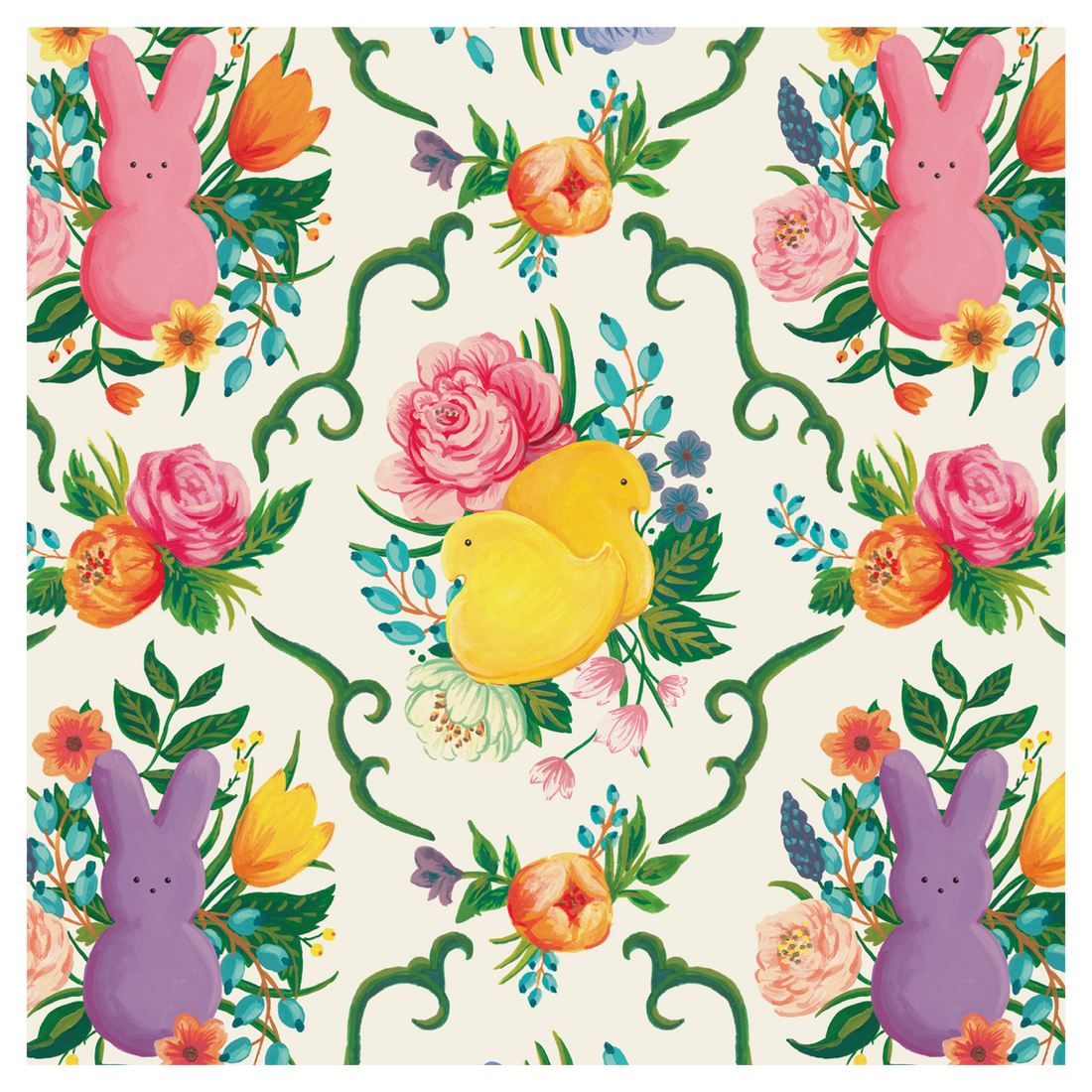 A square cocktail napkin featuring a repeating pattern of yellow PEEPS® chicks and purple or pink PEEPS® bunnies, surrounded by pink, orange and blue flowers and a grid of green fillagree.