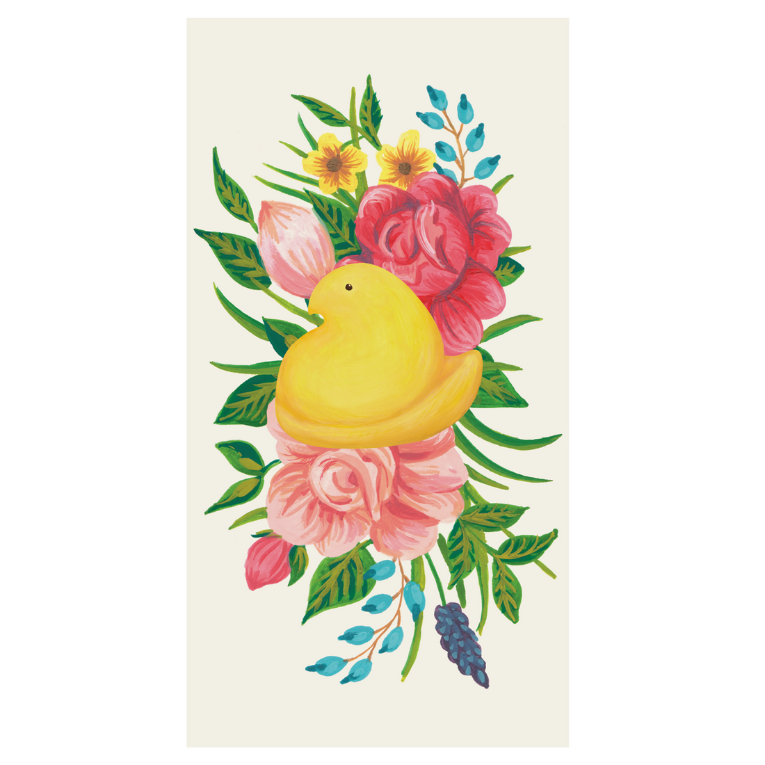 A rectangle guest napkin featuring a yellow PEEPS® chick nestled with pink flowers and green leaves on a white background.