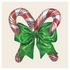 A square, cream cocktail napkin featuring two illustrated, red and white candy canes, crossed and tied with a green ribbon.