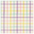 A square cocktail napkin featuring a pastel gingham grid in purple, yellow, seafoam and pink on a white background.