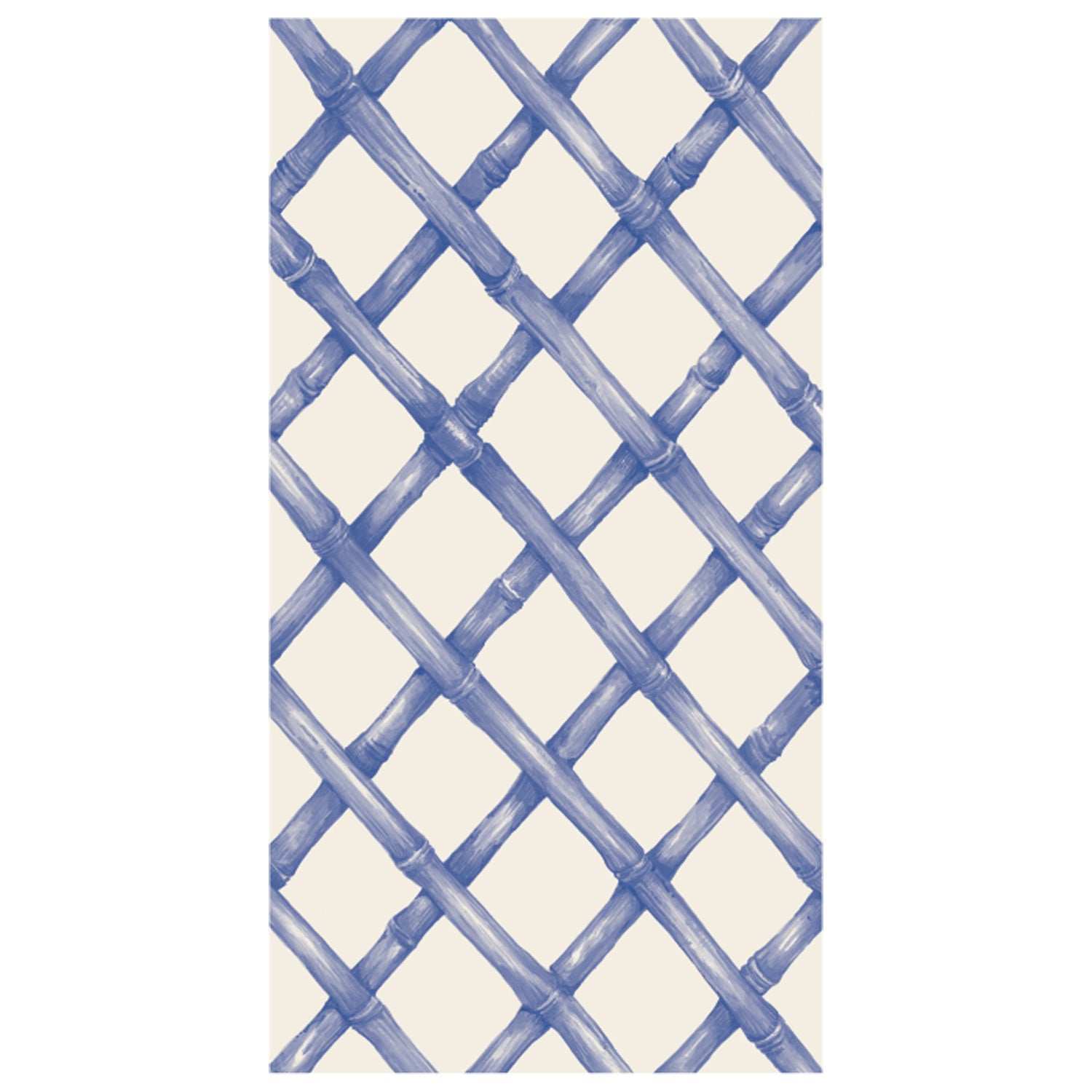 A blue and white lattice pattern on a white background with Hester &amp; Cook Blue Lattice Napkins ink.
