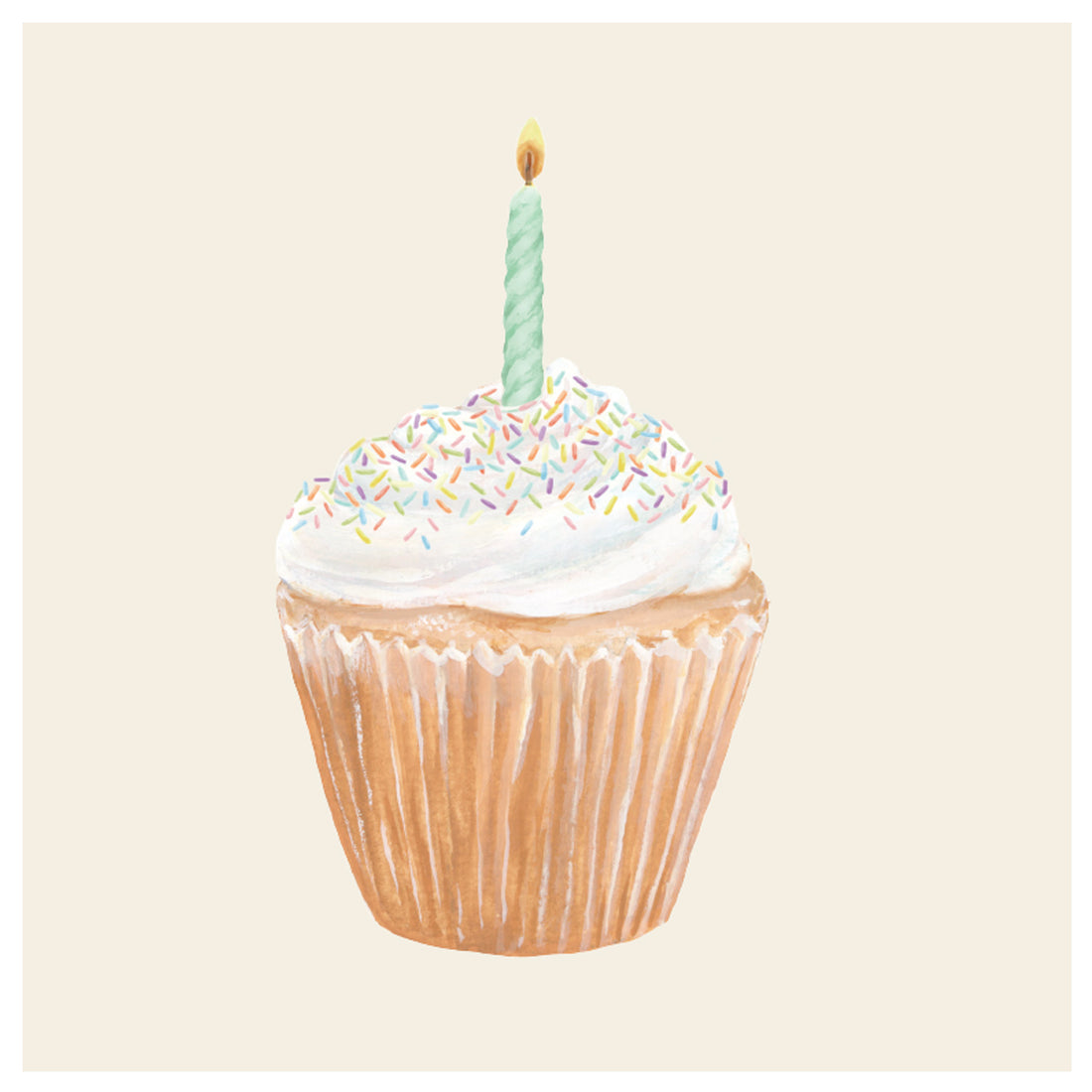 A festive illustration of a Birthday Cake &amp; Cupcake Napkins with a candle on it.