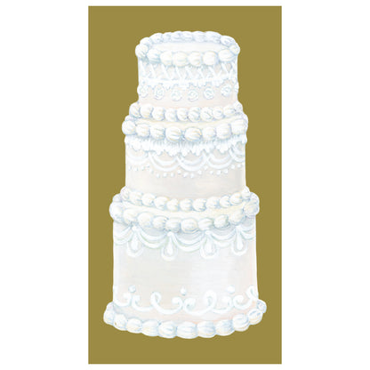 A gold, rectangle guest napkin featuring an illustrated three-tiered cake with elaborate white icing.
