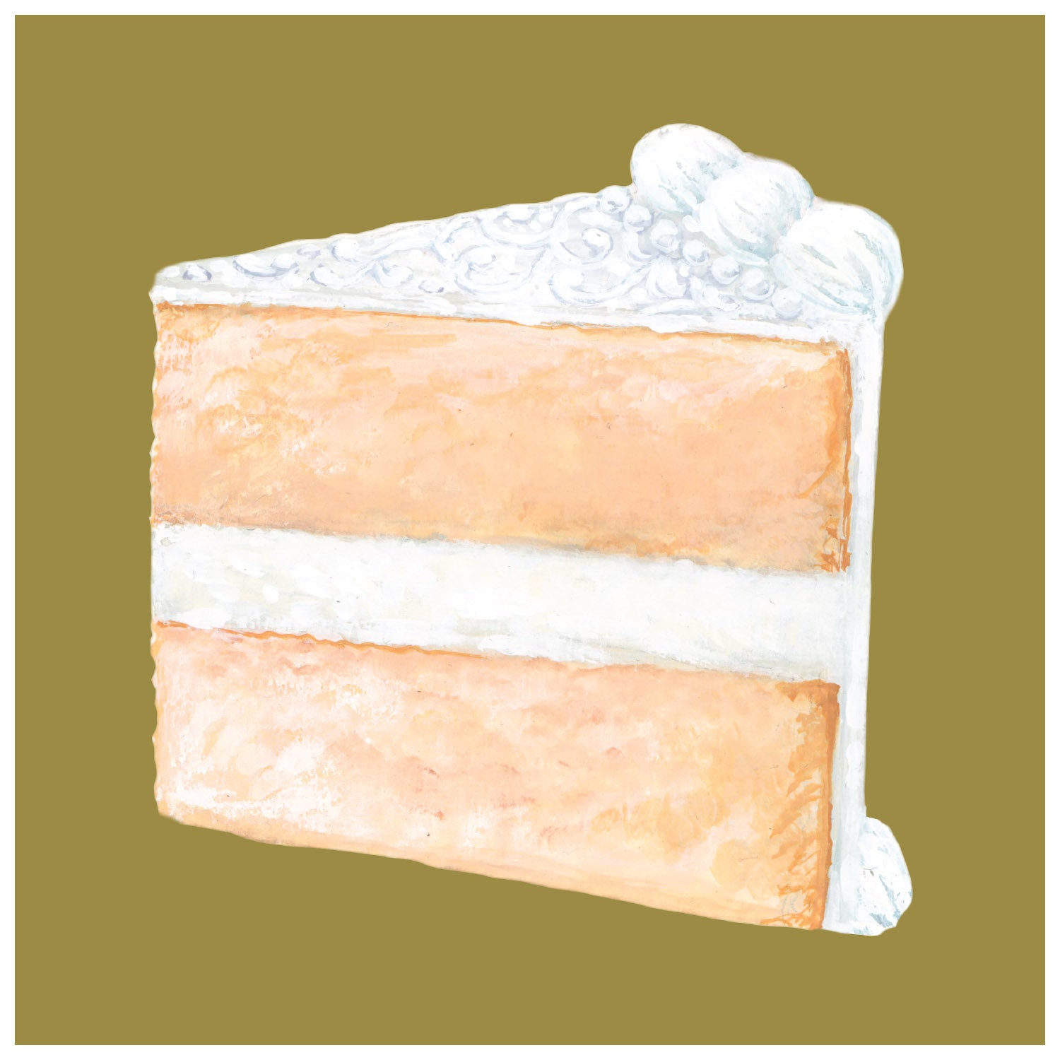 A gold, square cocktail napkin featuring an illustrated slice of cream-colored cake with white icing.