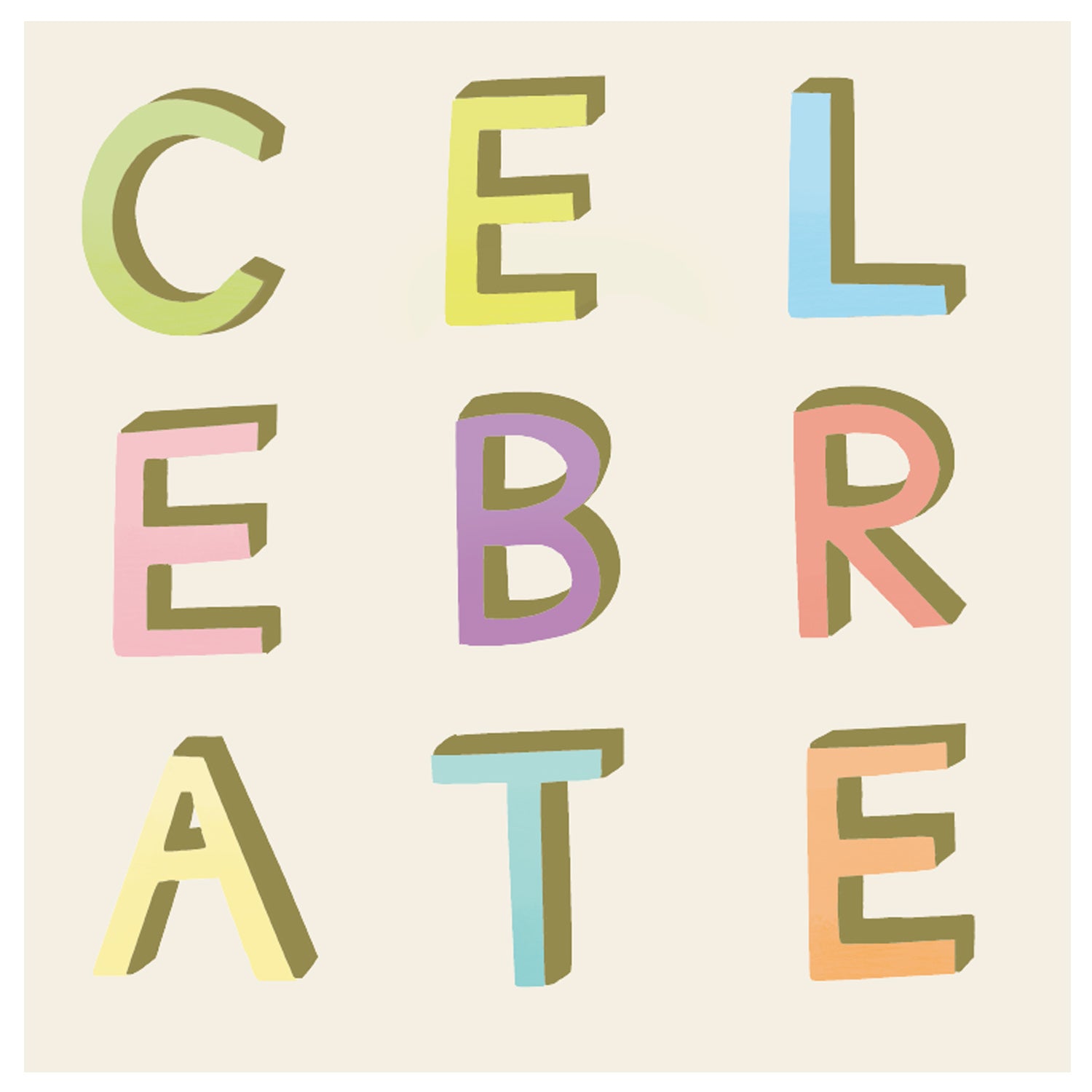 The word &quot;Celebrate&quot; in colorful letters on a beige background, perfect for Celebrate Napkins at a party with guests.