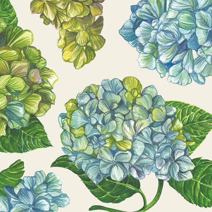 A set of Hydrangea Napkins from Hester &amp; Cook, on a white background, perfect for garden parties.