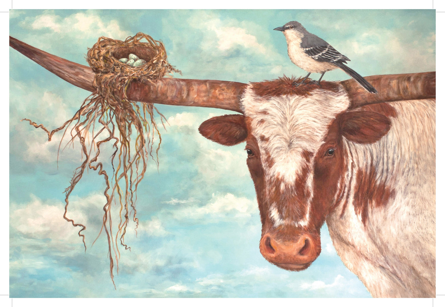Paper placemat from Hester &amp; Cook with a longhorn cow with a bird and its nest on his head. 