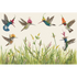 A whimsical illustration of six vibrant hummingbirds, each wearing a flower as a hat, fluttering over a green grassy field with wildflowers, on a white background. 