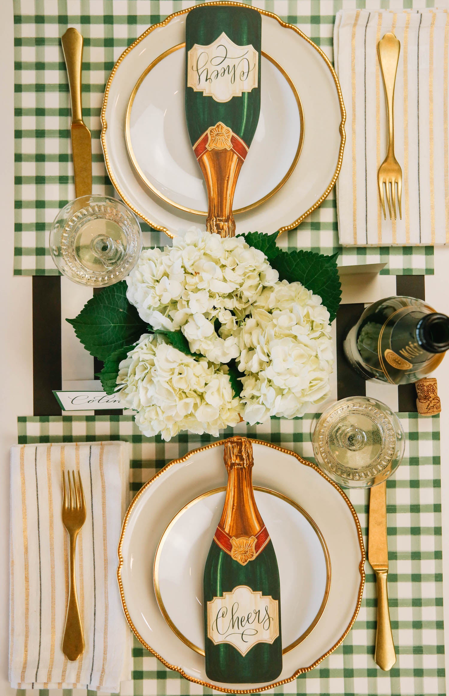 Table setting with Dark Green Painted Check Placemat