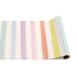 A paper runner roll with painted stripes of seafoam, blue, purple, pink, orange and yellow repeating across the paper over a white background.