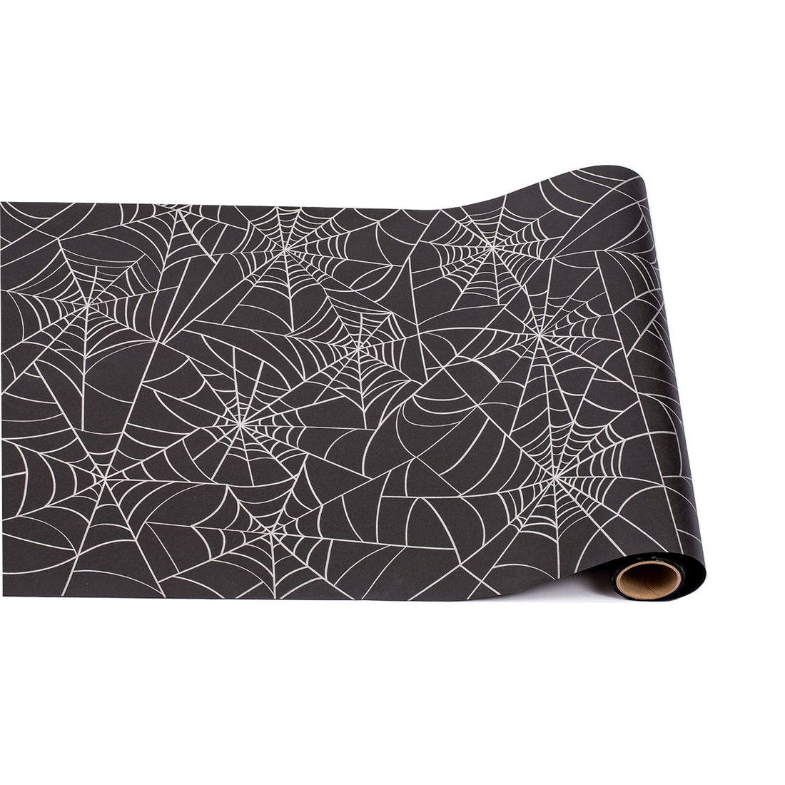 A paper runner roll of black paper covered with a repeating pattern of interconnected silver spider webs.