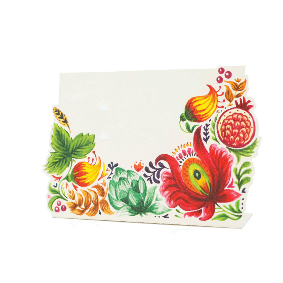 A white, rectangular, die-cut place card that stands upright, featuring vibrant, colorful foliage framing the bottom half of the otherwise blank card.