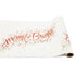 A paper runner roll featuring red and gold calligraphy, "Merry & Bright", surrounded by gold holly and snowflakes and red berries, repeating on a white background.