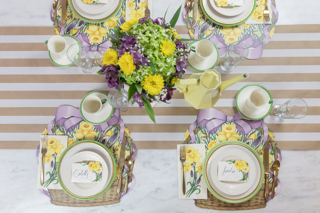 A beautifully decorated table setting with the Hester &amp; Cook Kraft White Classic Stripe Runner, perfect for entertaining.