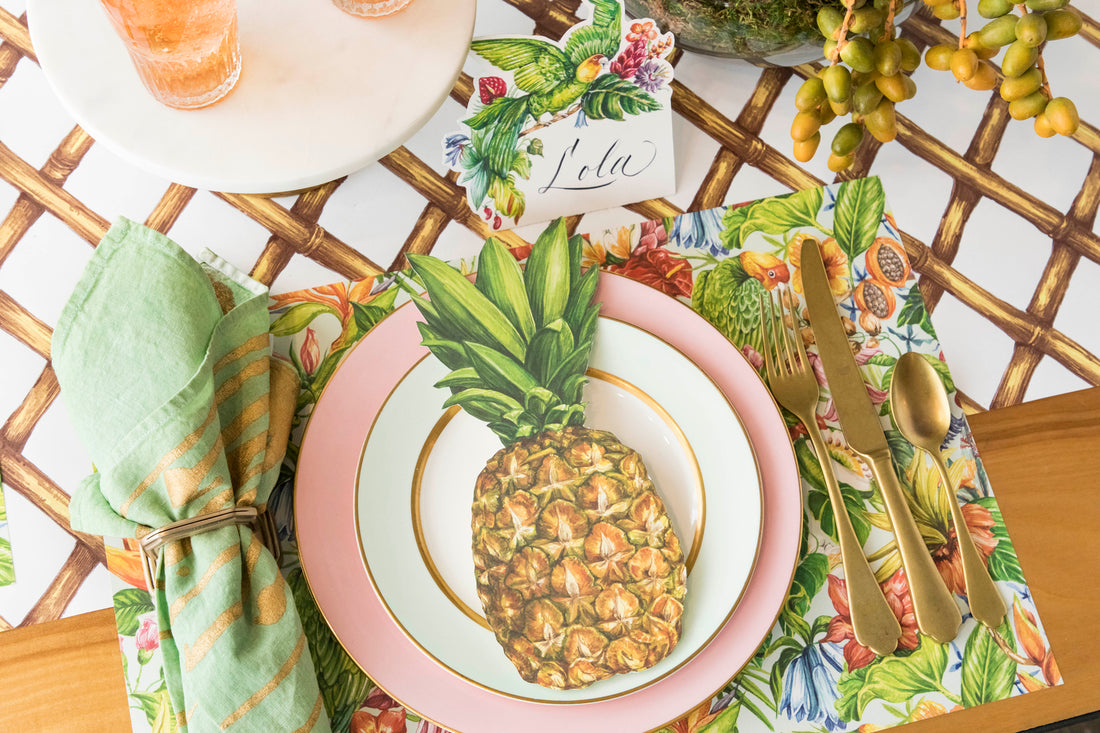 The Bamboo Lattice Runner under a tropical-themed table setting.
