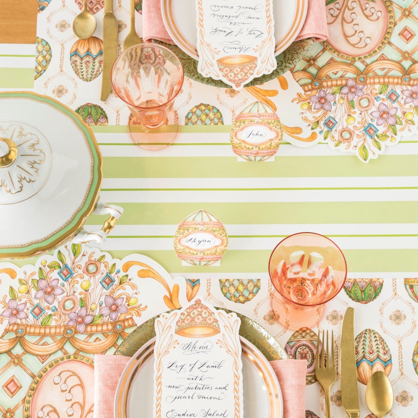 A year-round celebration table setting with a pink and green floral pattern complimented by the Hester &amp; Cook Green Awning Stripe Runner.