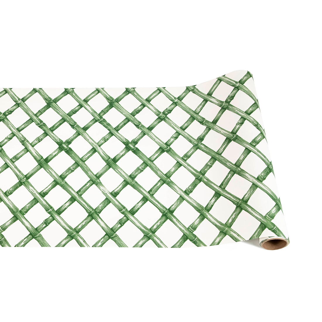 Paper roll featuring a diagonal woven bamboo pattern in monochrome green on a white background.