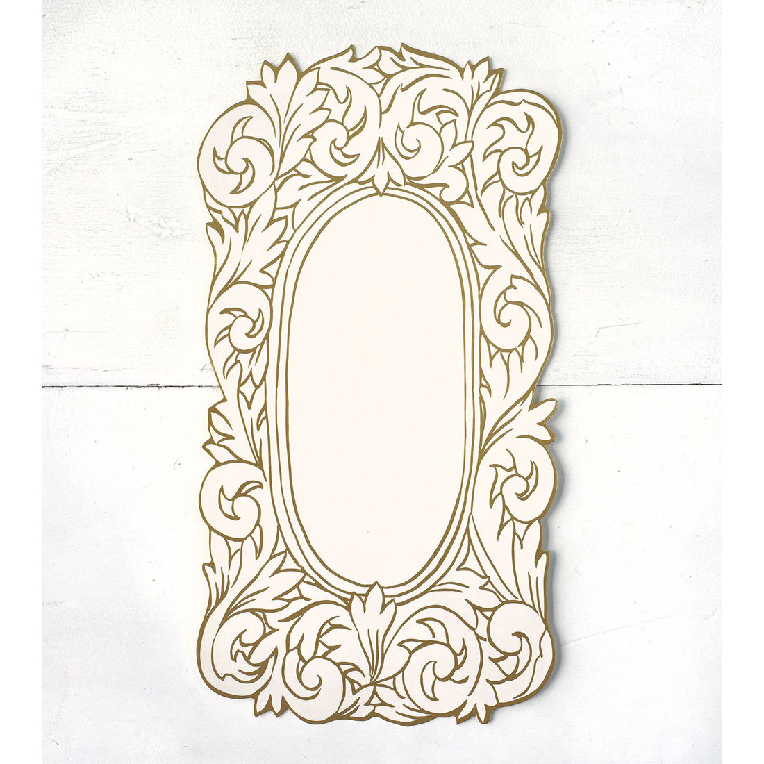 A white, die-cut table accent featuring an illustrated floral frame in gold linework surrounding a blank oval, perfect for personalization. 