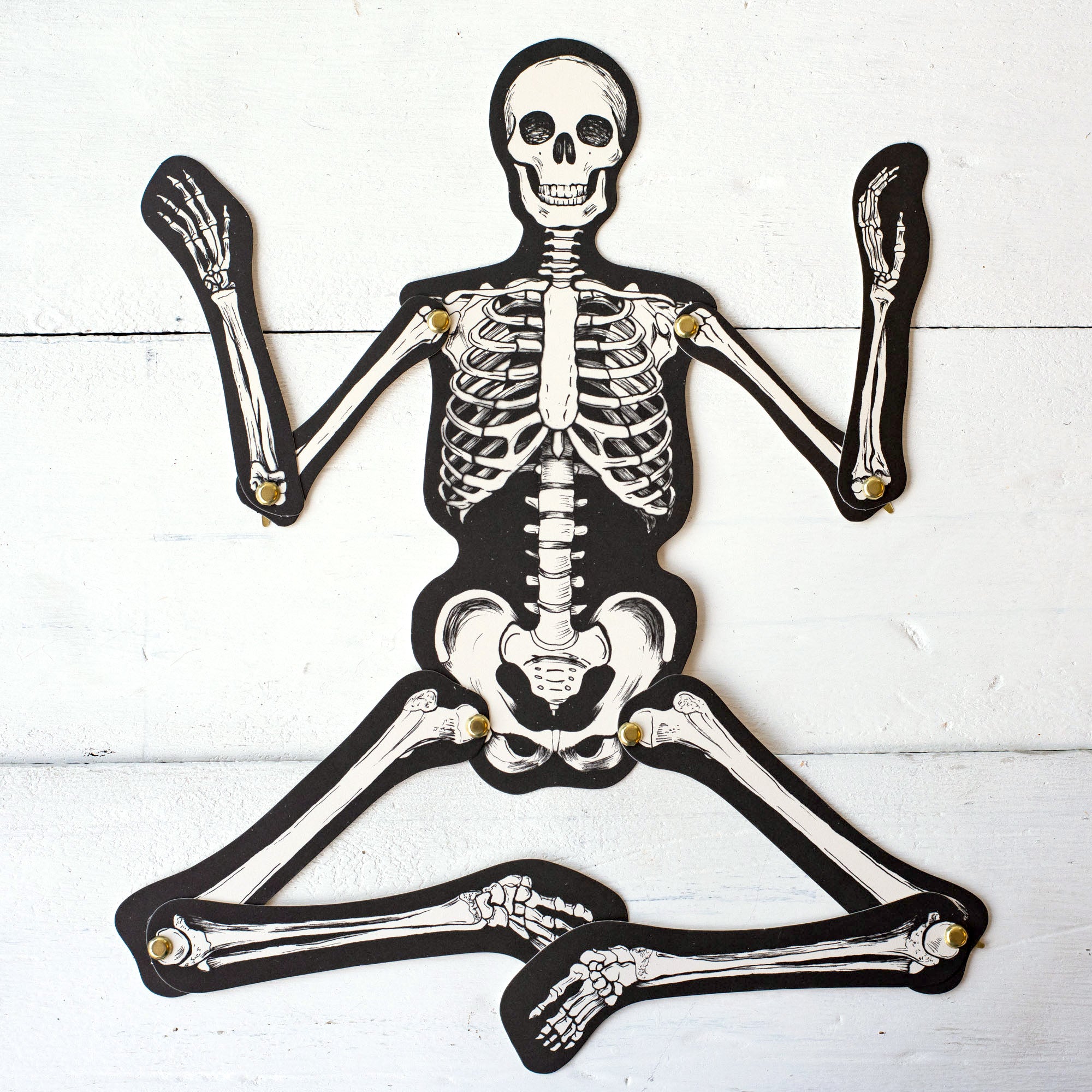 An Articulated Skeleton Decorative Accent in a pose with its arms and legs bent at the joints.