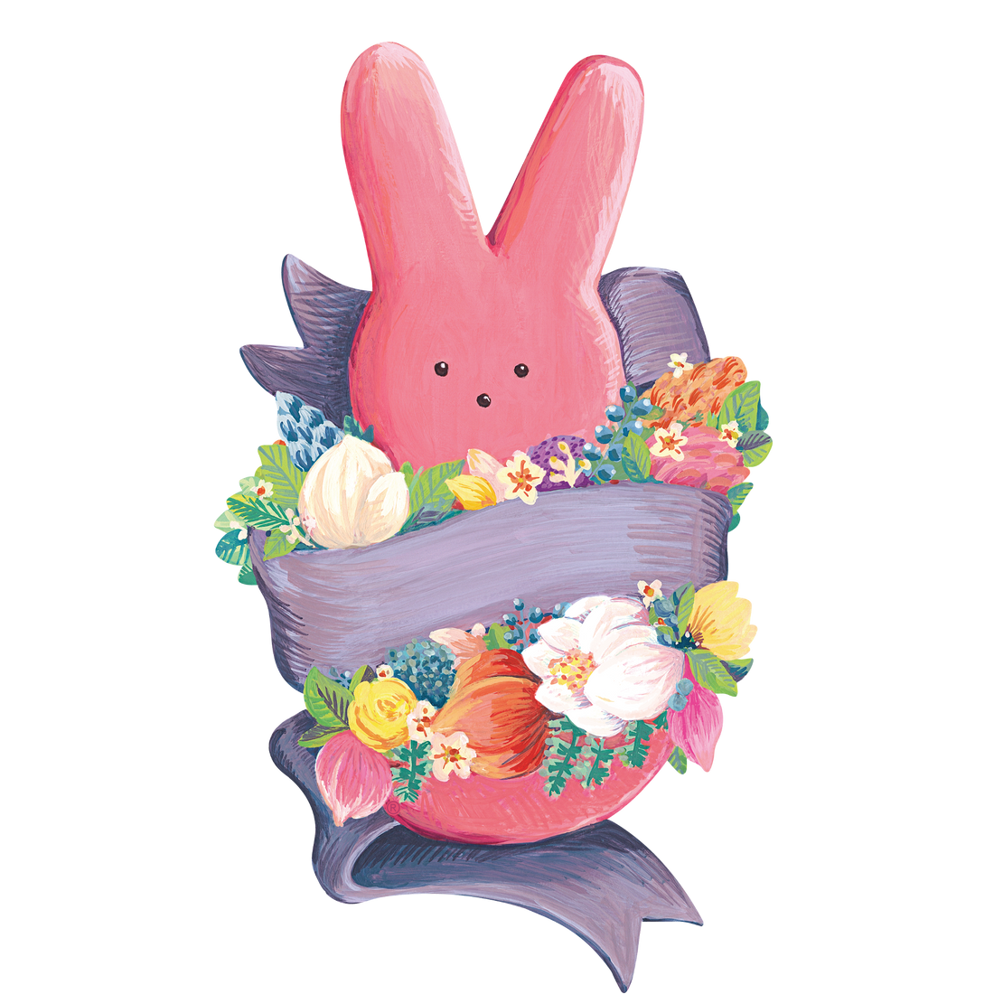 A die-cut illustrated pink PEEPS® Bunny nestled in colorful flowers and wrapped with a lavender ribbon.