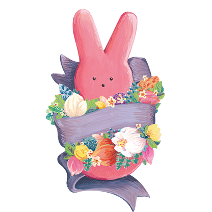 A die-cut illustrated pink PEEPS® Bunny nestled in colorful flowers and wrapped with a lavender ribbon.