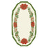 A die-cut beveled oval table accent framed in vintage-style illustrated filagree in red and green holiday florals.