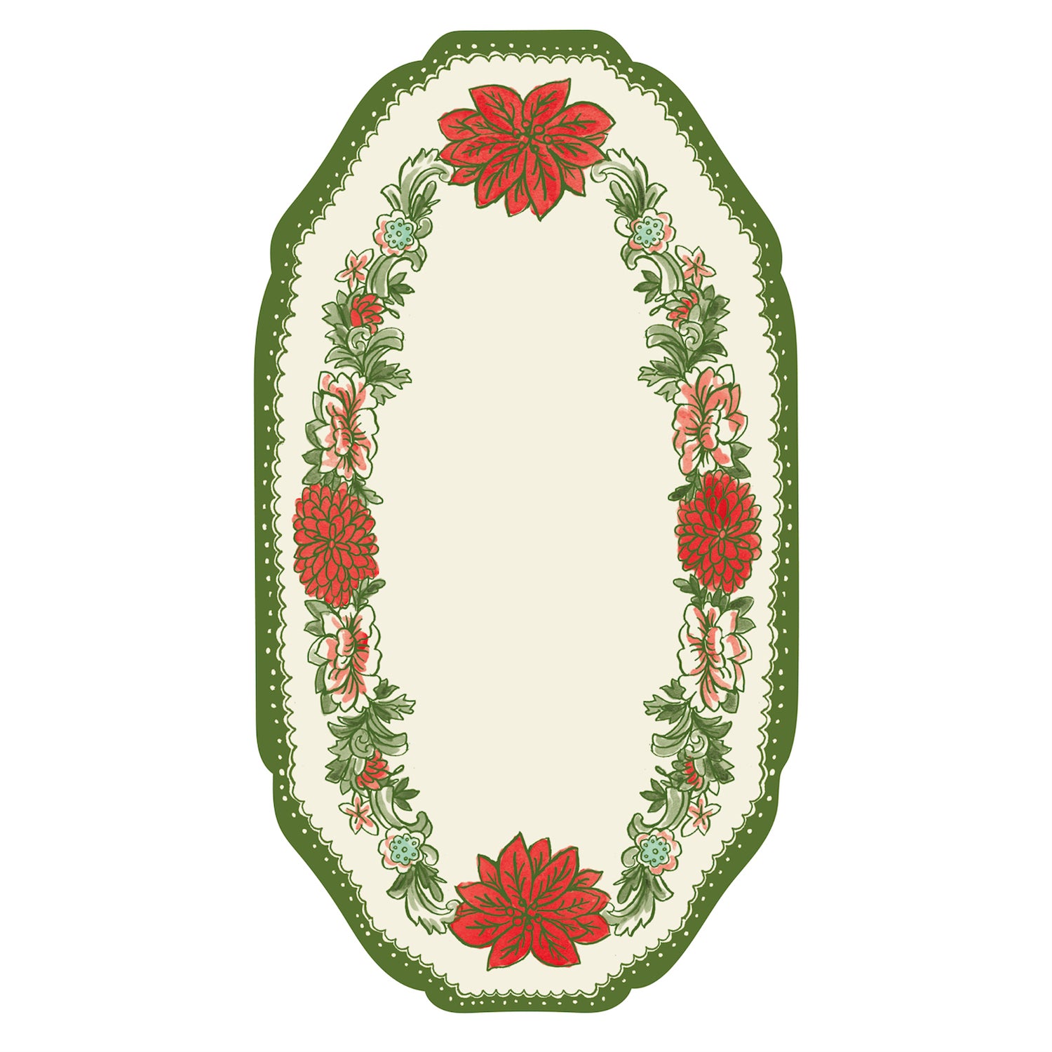 A die-cut beveled oval table accent framed in vintage-style illustrated filagree in red and green holiday florals.