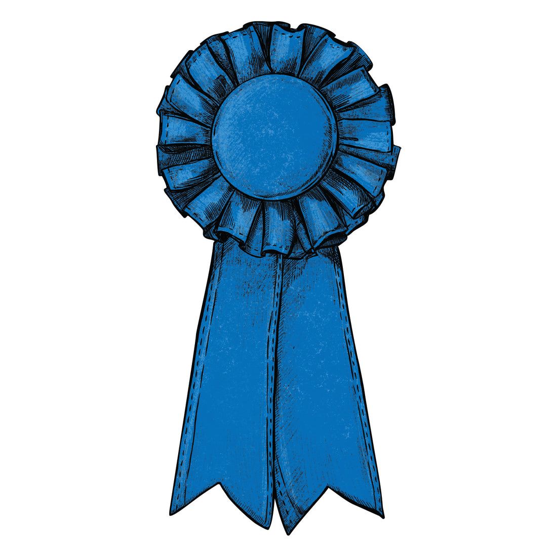 A die-cut illustration of a blue ribbon award with black outlines and details, featuring a ruffled circle on top and two long tails trailing below.