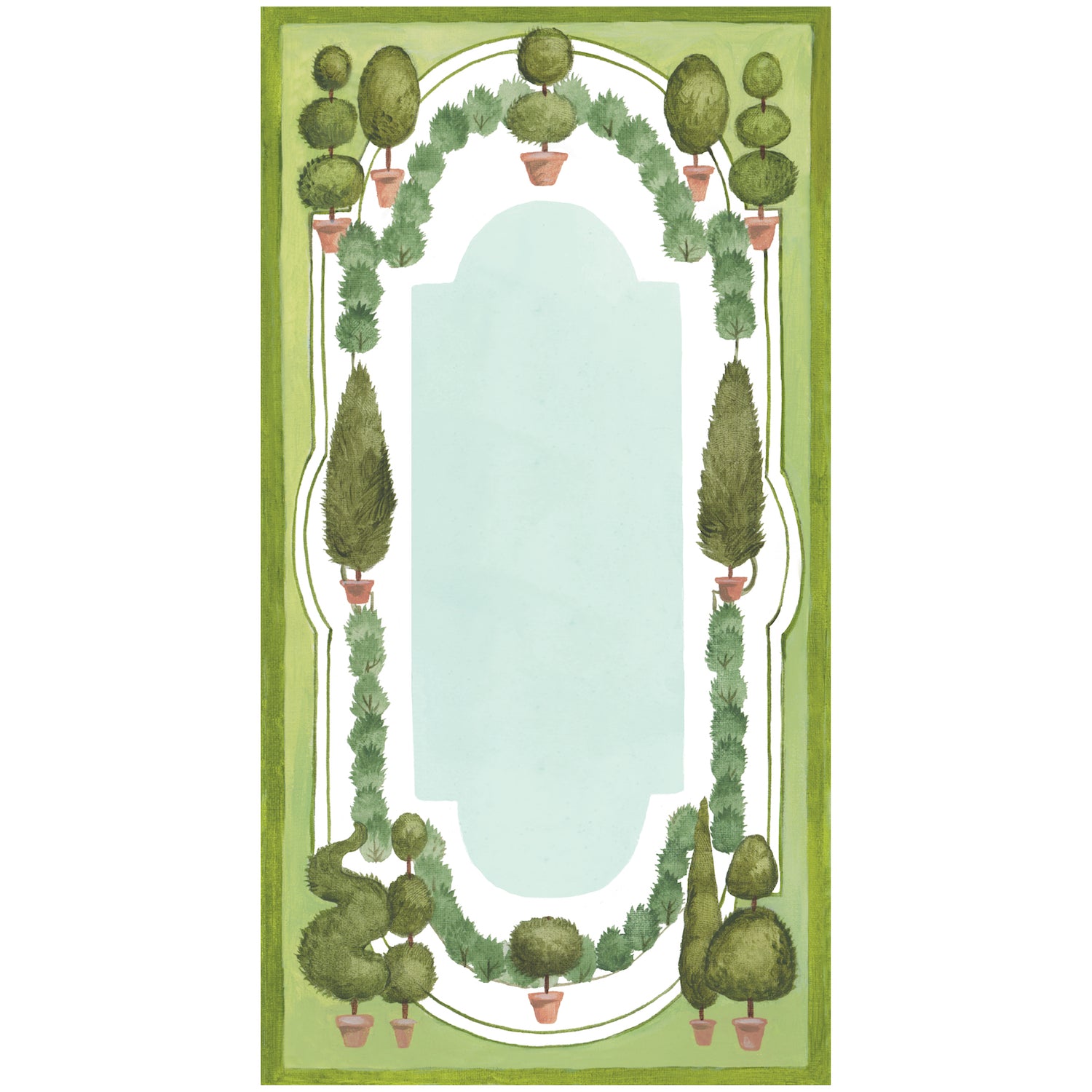 A rectangle card resembling an illustrated garden framed in green with potted manicured shrubs surrounding a seafoam blue garden pool, creating an area for personalization.