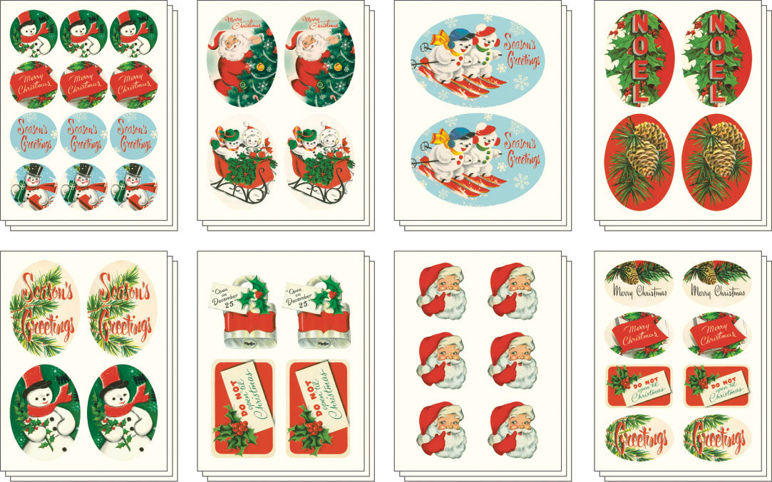 Christmas stickers with Cavallini artwork featuring a holiday theme. 