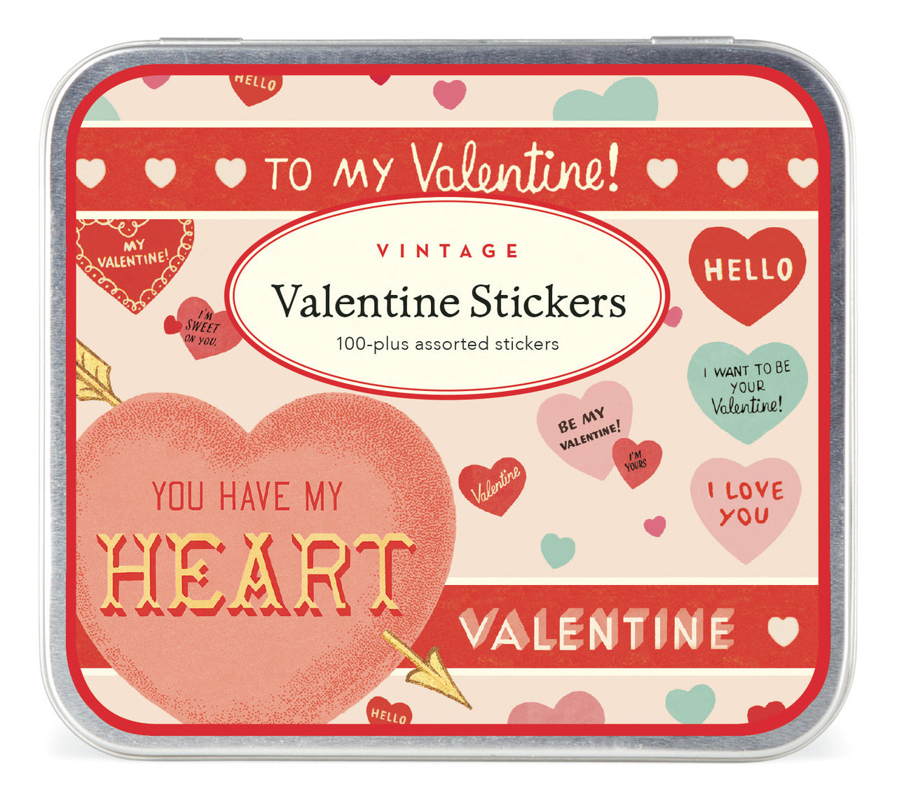 A tin box with Vintage Valentine Stickers featuring various love-themed designs, such as hearts and phrases like &