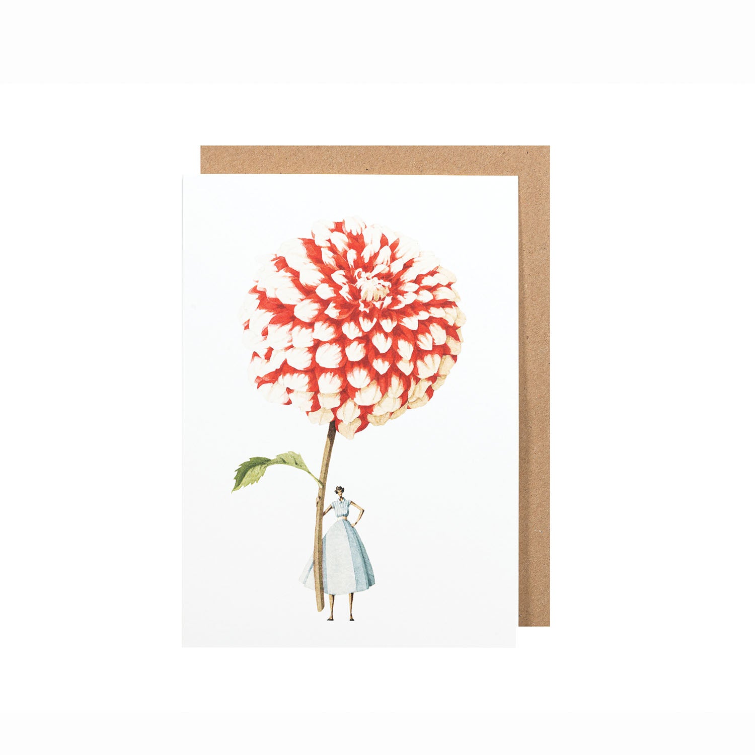 An environmentally sustainable Red and White Dahlia Greeting Card featuring an artwork of a girl holding a red chrysanthemum by Hester &amp; Cook.