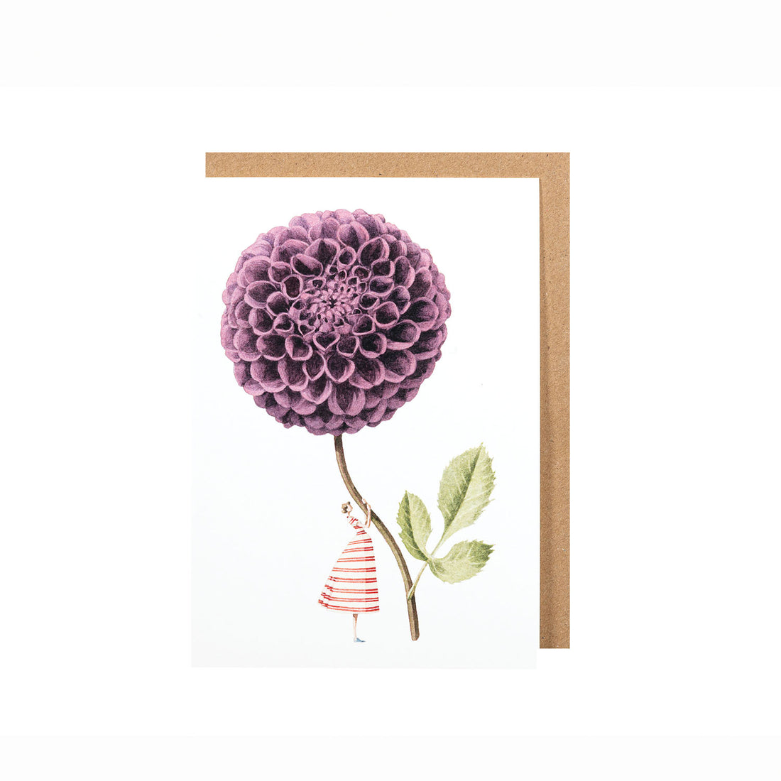A Purple Dahlia Greeting Card featuring Laura Stoddart holding it, celebrating environmentally sustainable practices by Hester &amp; Cook.