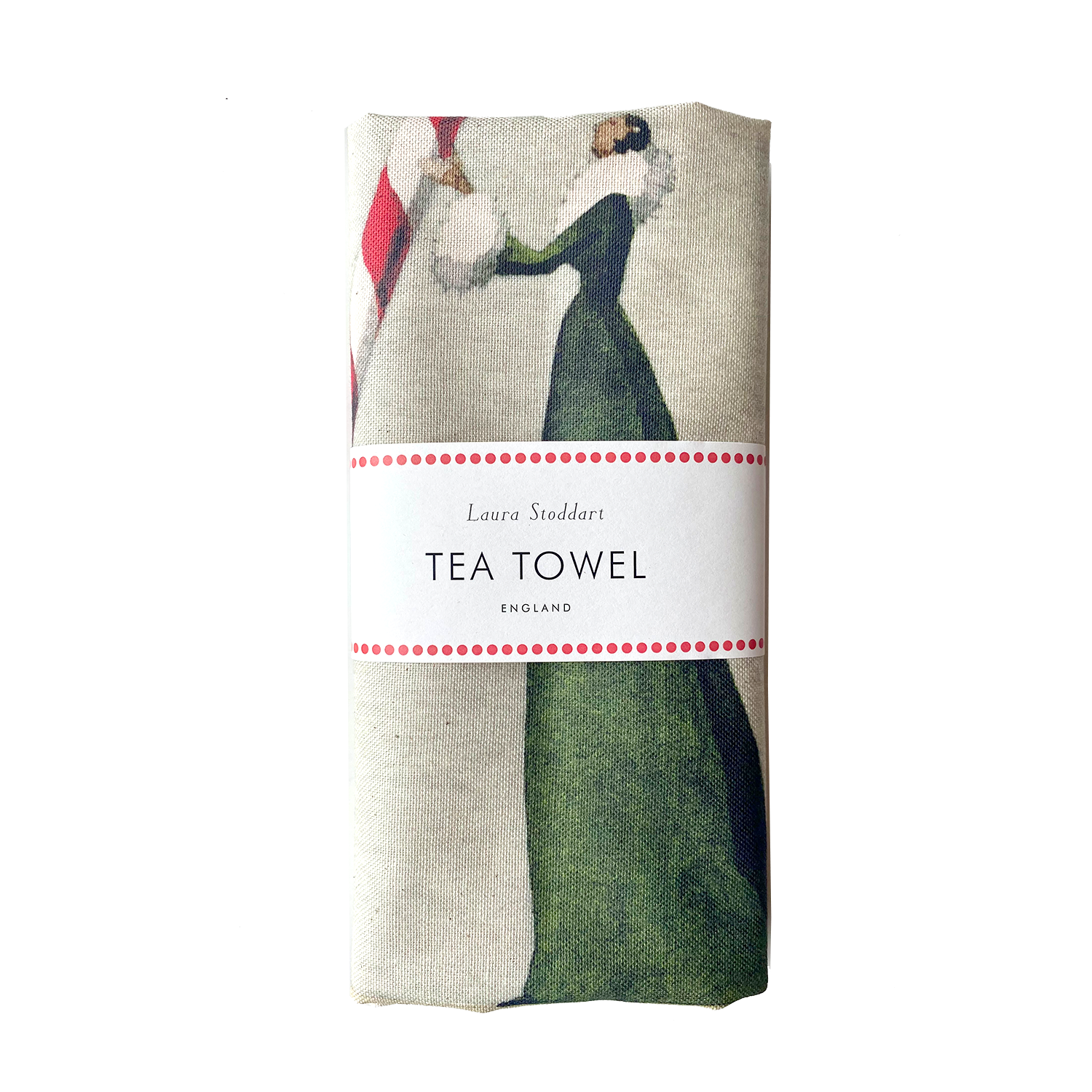 The Candy Cane Tea Towel, illustrated by Laura Stoddart, folded and wrapped in paper retail packaging. 