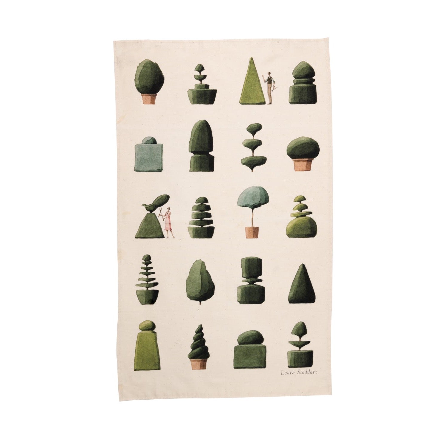 A Top Topiary Tea Towel made of cotton unbleached cloth, featuring a variety of trees perfect for drying up, by Hester &amp; Cook.