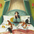 A Mademoiselle Mink Breakfasts in Bed Small Art Print by Janet Hill of a woman sitting on a bed with cats.