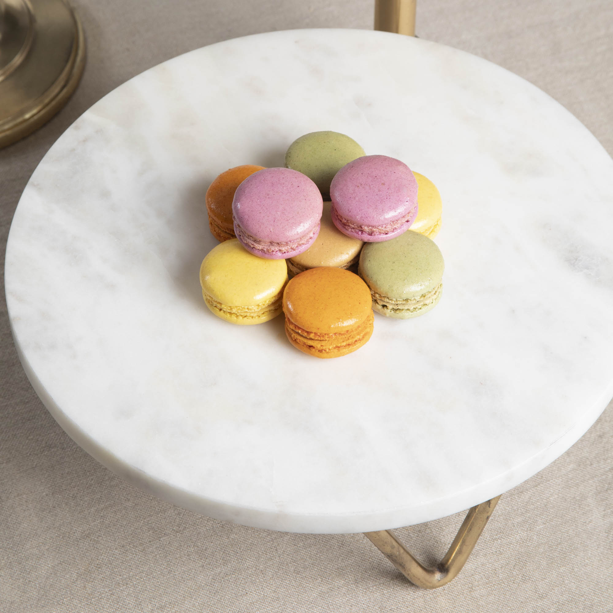 Macarons on a Bidk Home Marble &amp; Brass V-Base Trivet/Cake Plate.