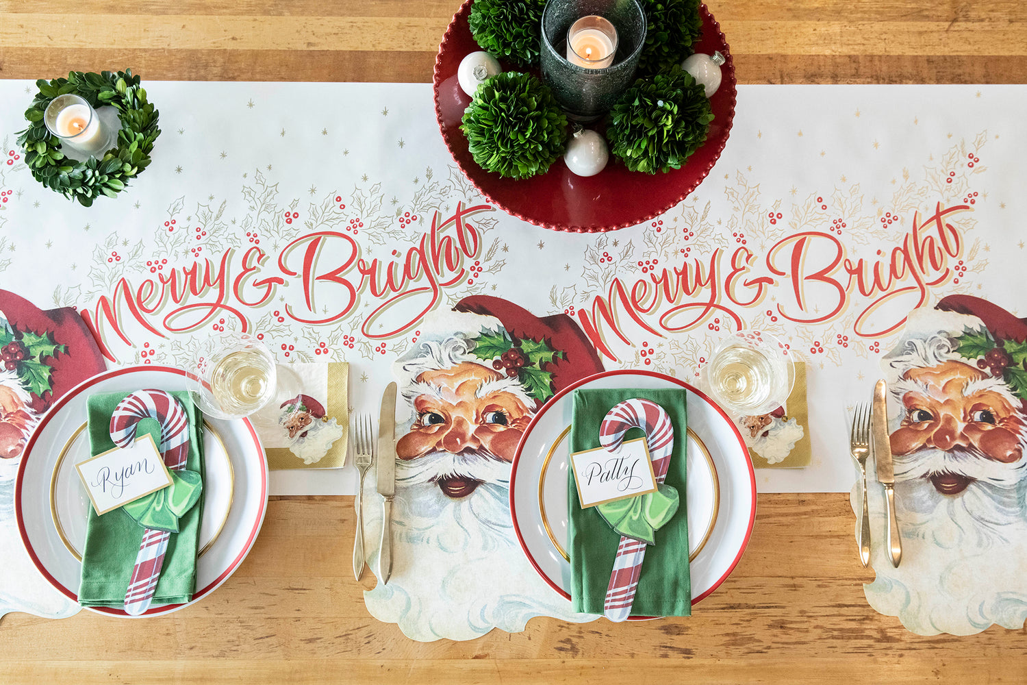 The Merry &amp; Bright Runner under a festive Christmas-themed table setting, from above.