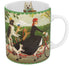 A whimsical porcelain Dog Governess Mug featuring an illustration of dogs dressed in human clothing, riding bicycles and scooters by Janet Hill from New York Puzzle Company.