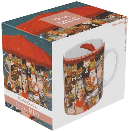 A Cat Countess Mug with an illustration of a woman surrounded by various cats, designed by Janet Hill, from New York Puzzle Company.